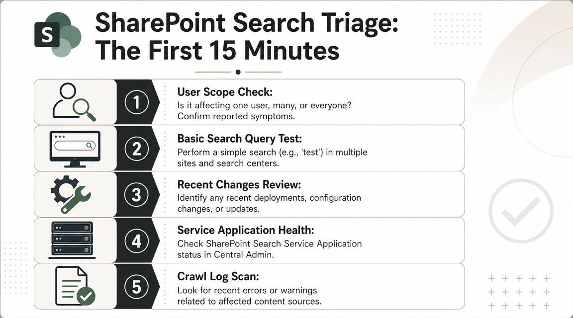 A five-step infographic showing troubleshooting steps for SharePoint search triage within the first fifteen minutes.