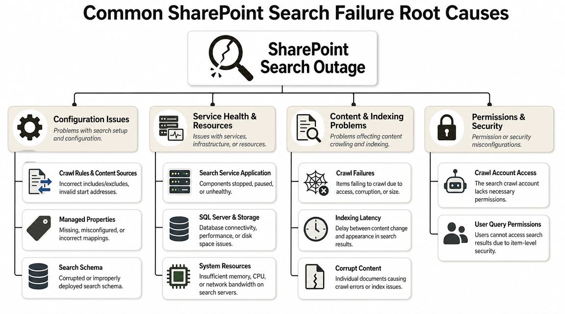 An infographic showing common root causes for SharePoint search outages, including configuration, resource, content, and permission issues.