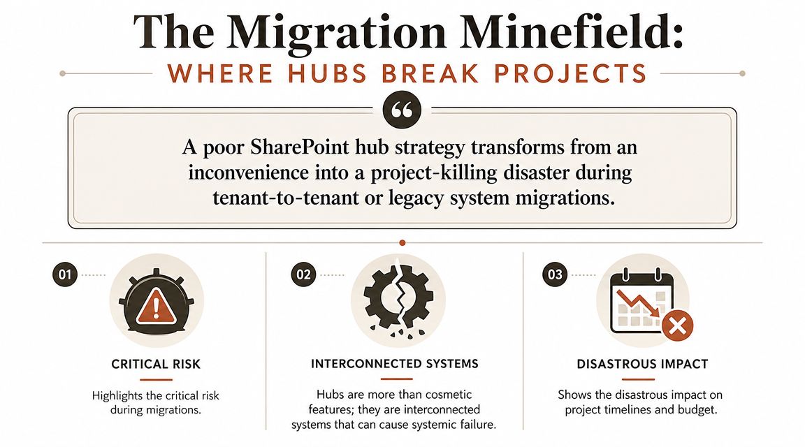 An infographic titled The Migration Minefield detailing risks of SharePoint hub strategy during system migrations.
