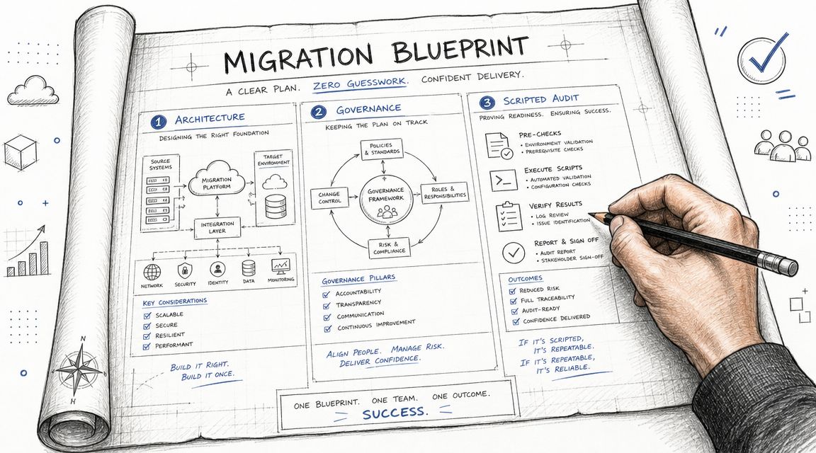 A hand drawing a migration blueprint plan on paper detailing architecture, governance, and scripted audit phases.
