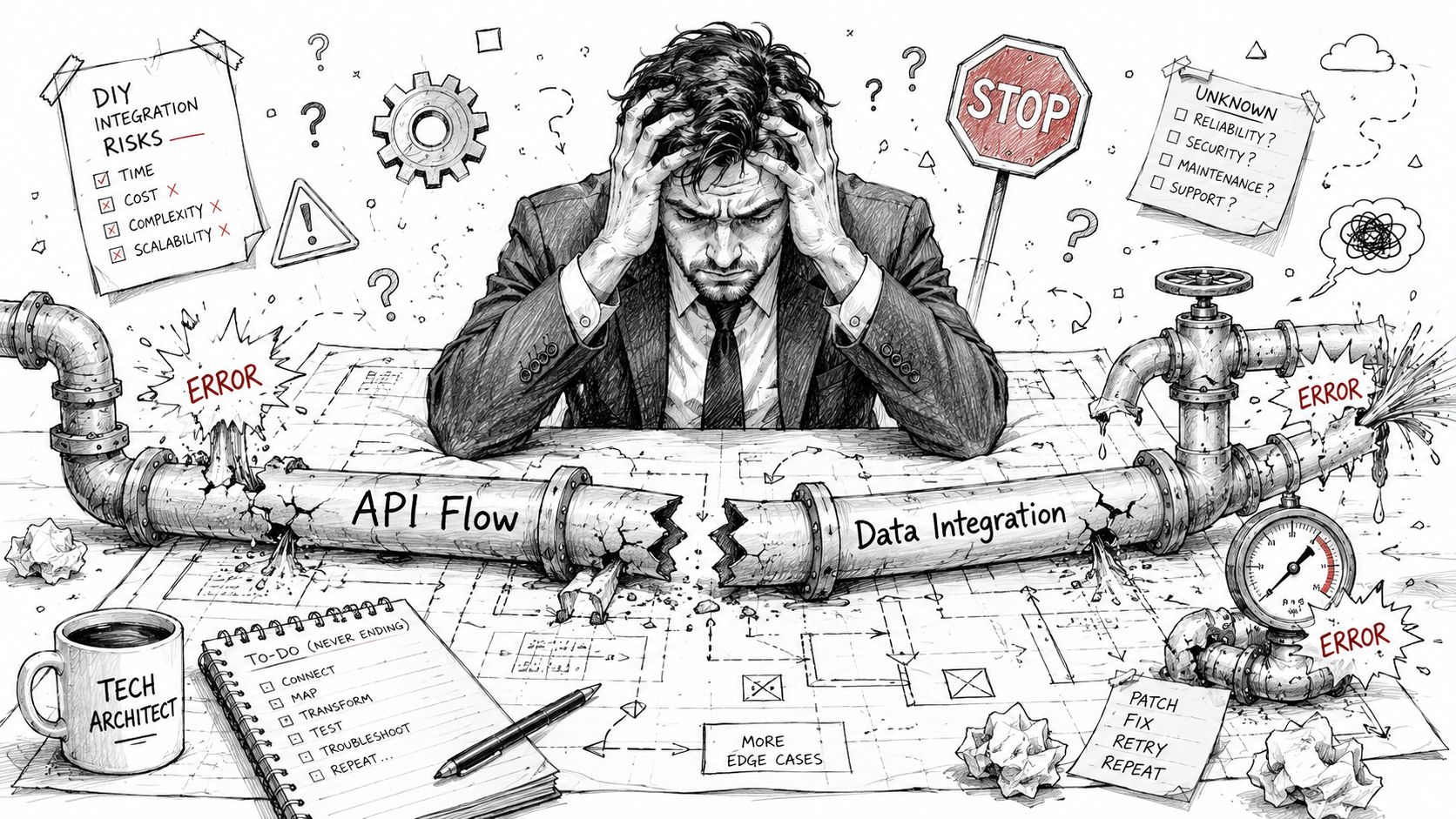 A stressed tech architect looking at broken data integration pipes on a complex blueprint plan.