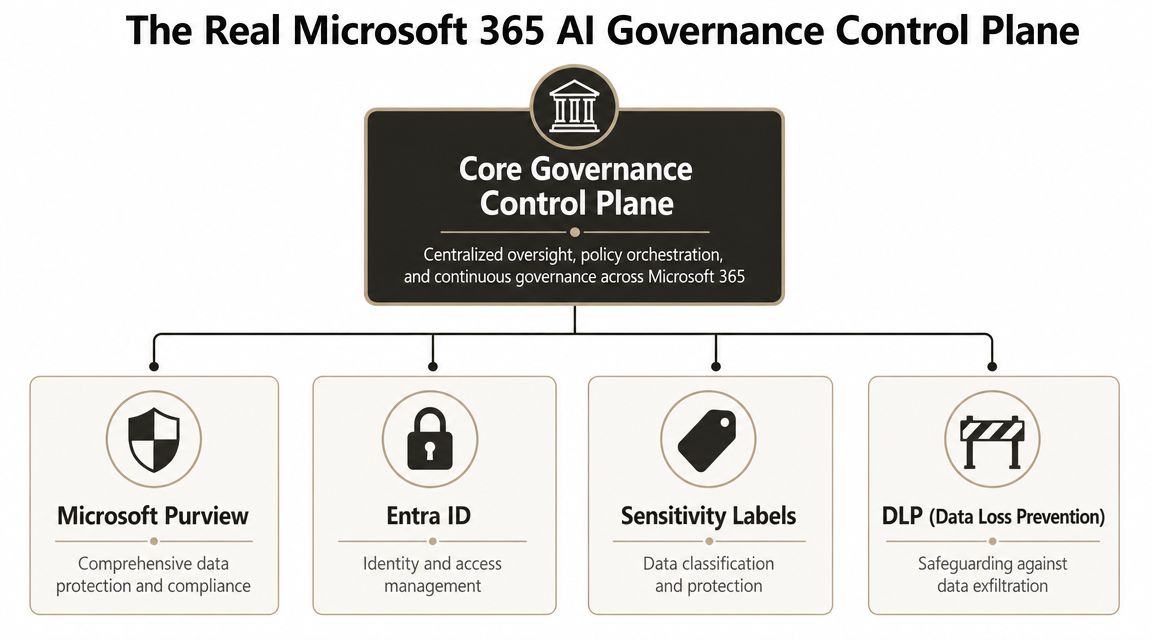 A diagram illustrating the core Microsoft 365 AI governance control plane and its key security components.