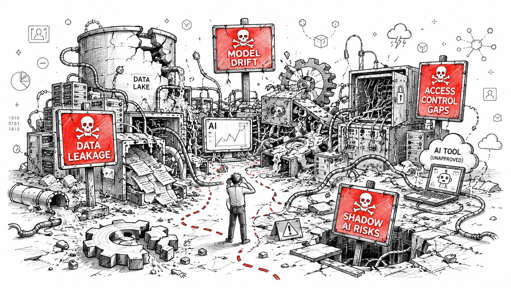 A conceptual illustration of data governance challenges including AI risks, data leakage, and security gaps in infrastructure.