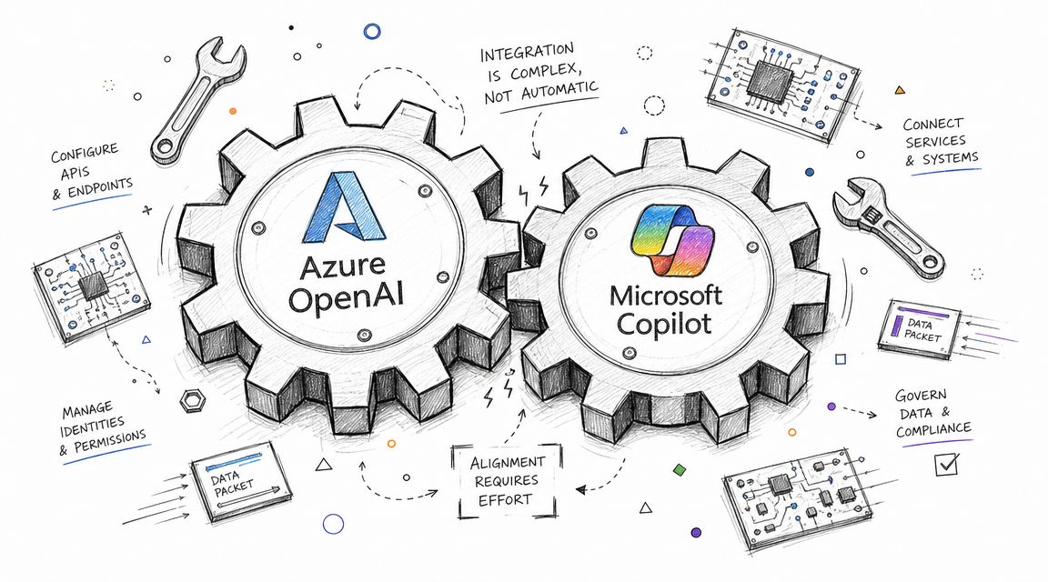 A conceptual diagram showing Azure OpenAI and Microsoft Copilot represented as two interlocking gears with labels.