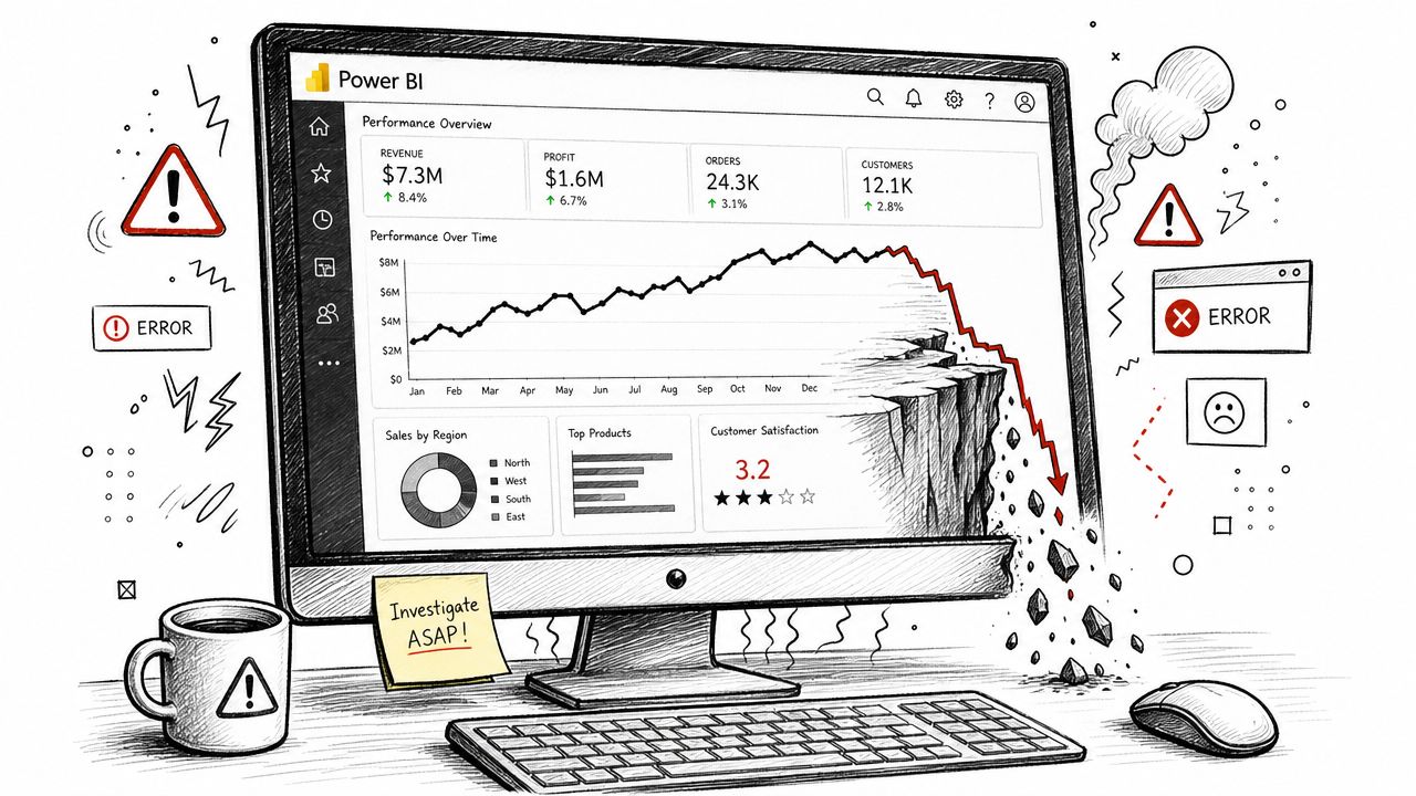 A hand-drawn illustration showing a Power BI business dashboard crashing over a rocky cliff with warning signs.