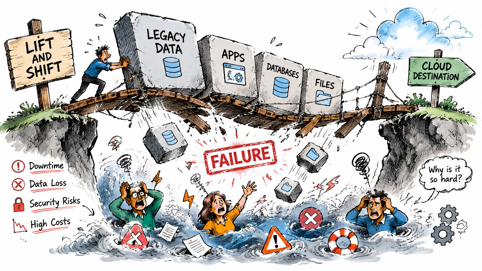 A cartoon illustration showing people struggling as a bridge collapses while migrating data to the cloud.