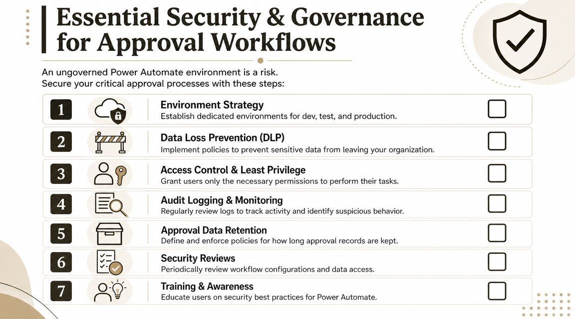 A checklist infographic outlining seven essential security and governance best practices for Power Automate approval workflows.