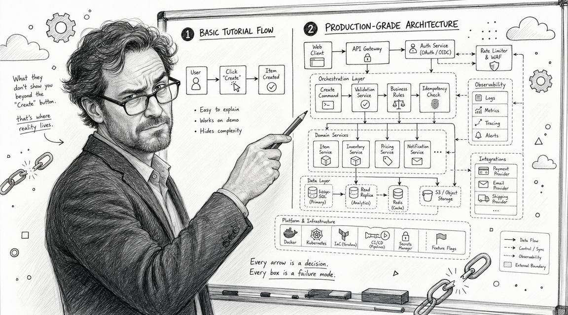 A professional man pointing at a whiteboard comparing simple tutorial flows to complex production-grade software architecture.