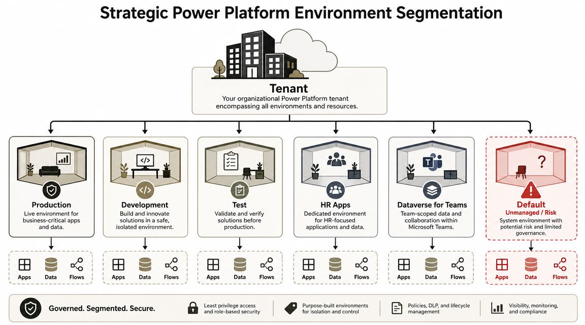A diagram illustrating strategic Power Platform environment segmentation, including production, development, test, HR, and default environments.