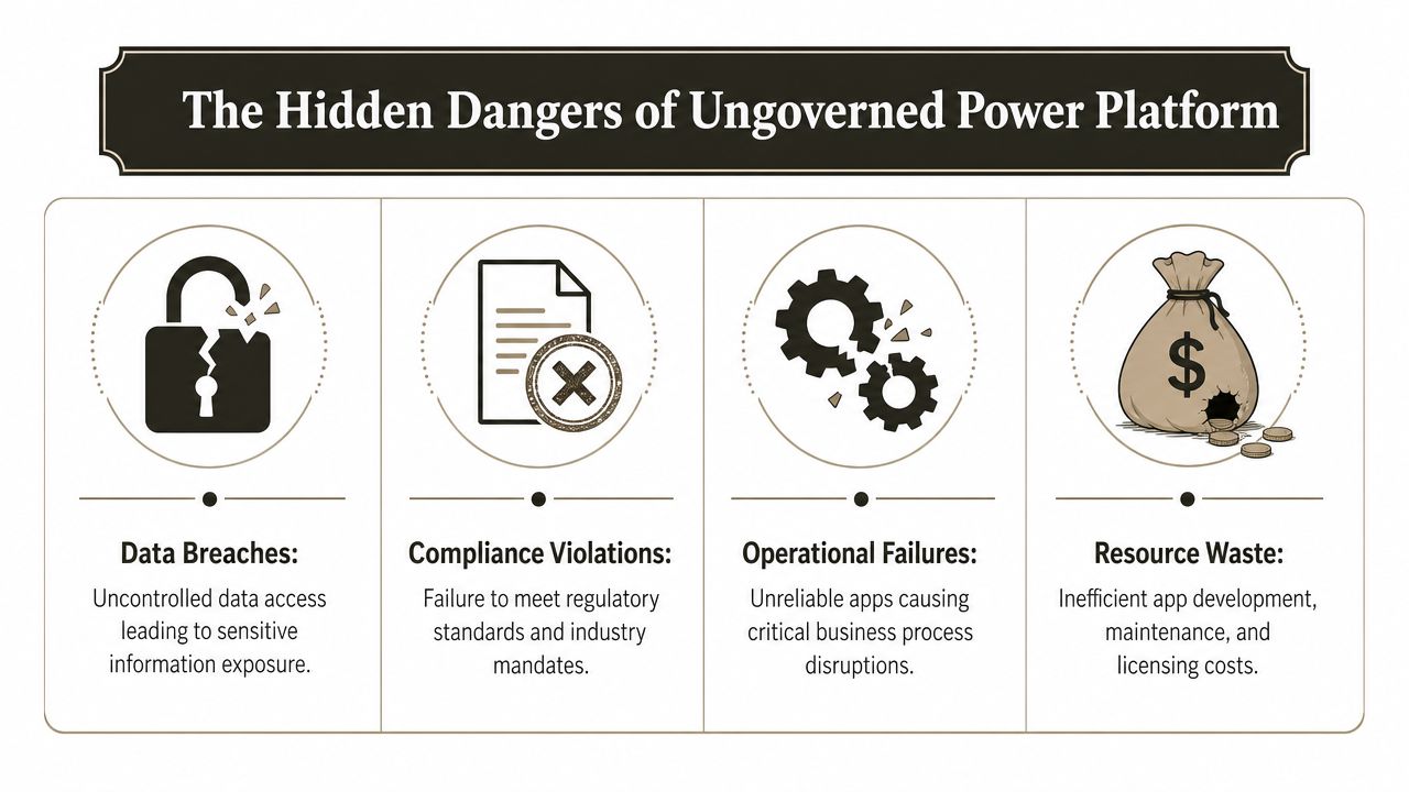 An infographic titled The Hidden Dangers of Ungoverned Power Platform illustrating risks like data breaches and compliance violations.