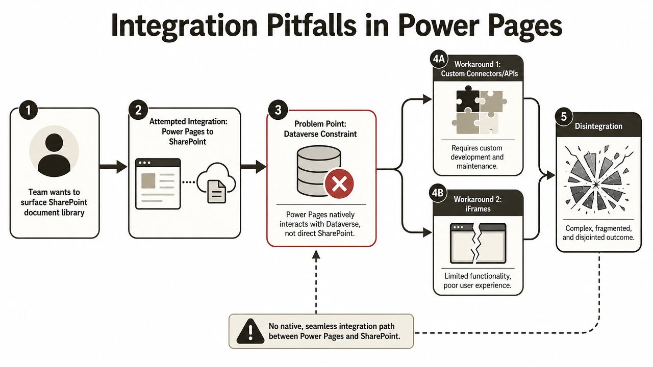 A flowchart showing the challenges of integrating Microsoft Power Pages with SharePoint document libraries via workarounds.