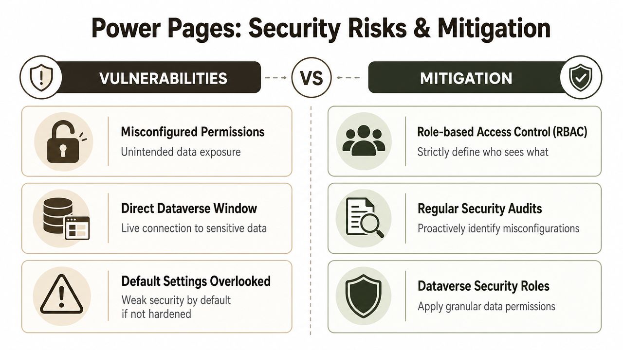 A comparison chart showing security risks on the left and corresponding mitigation strategies for Microsoft Power Pages.