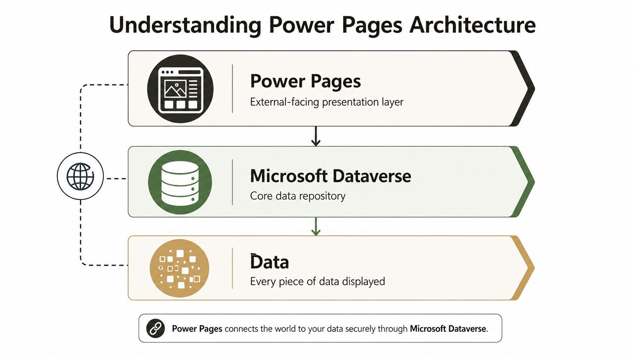 A diagram illustrating the Power Pages architecture with the presentation layer, Microsoft Dataverse, and data storage.