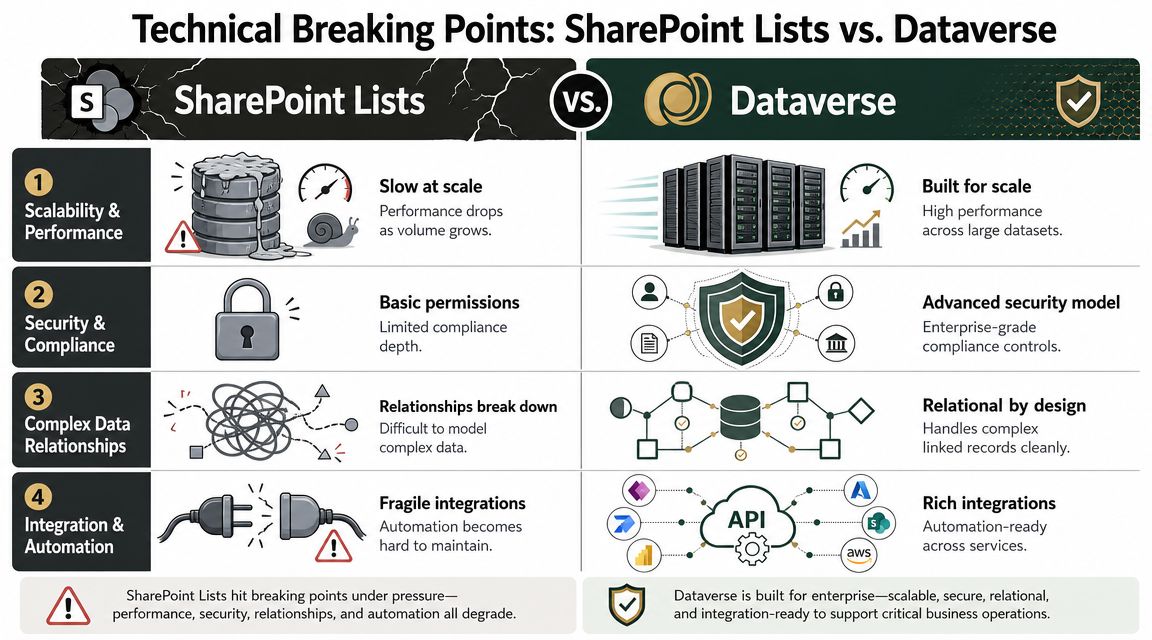 A comparison chart showing why Dataverse is superior to SharePoint Lists for enterprise-scale data management and applications.
