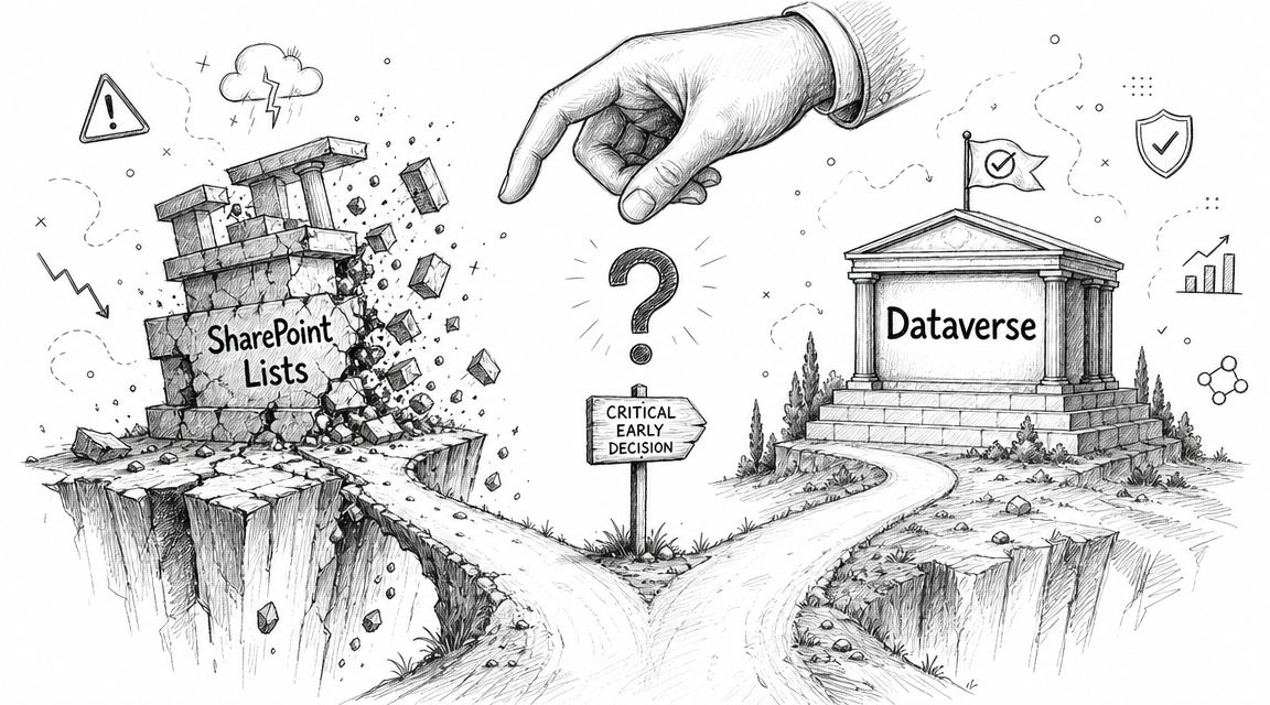 A hand making a critical decision between a crumbling SharePoint structure and a stable, thriving Dataverse building.