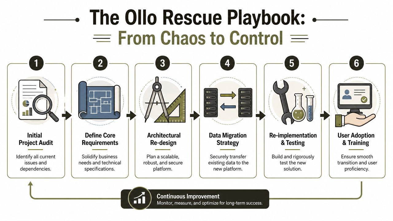 A six-step infographic titled The Ollo Rescue Playbook, detailing a strategic process from audit to adoption.