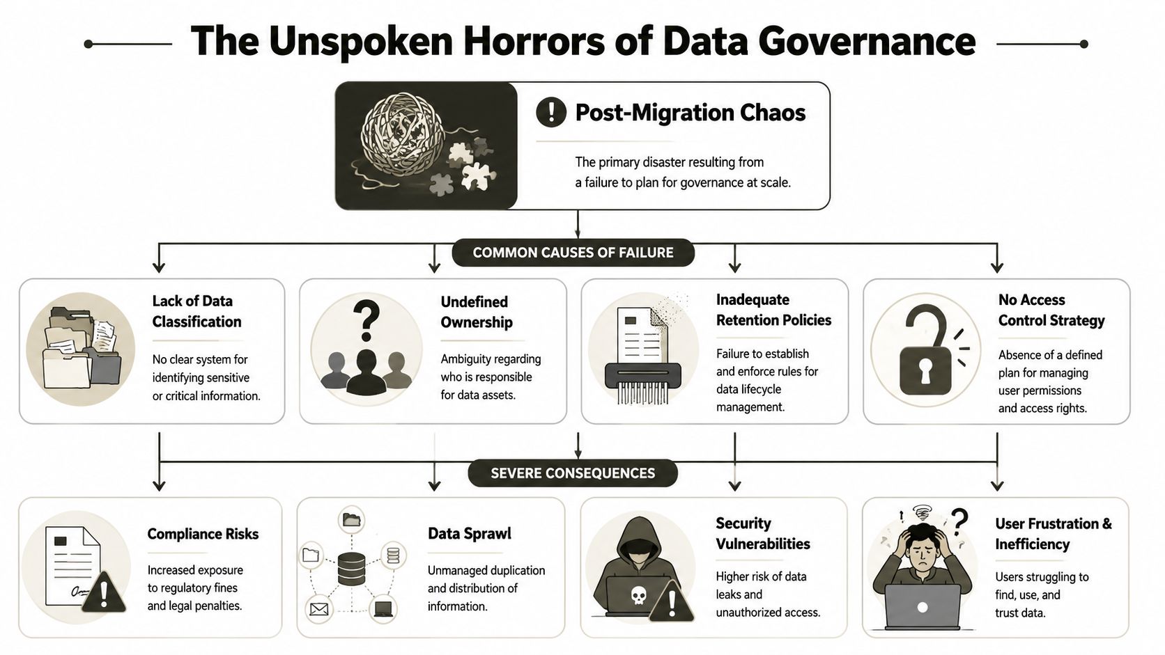 A flowchart detailing common causes of data governance failures and their resulting severe business consequences.
