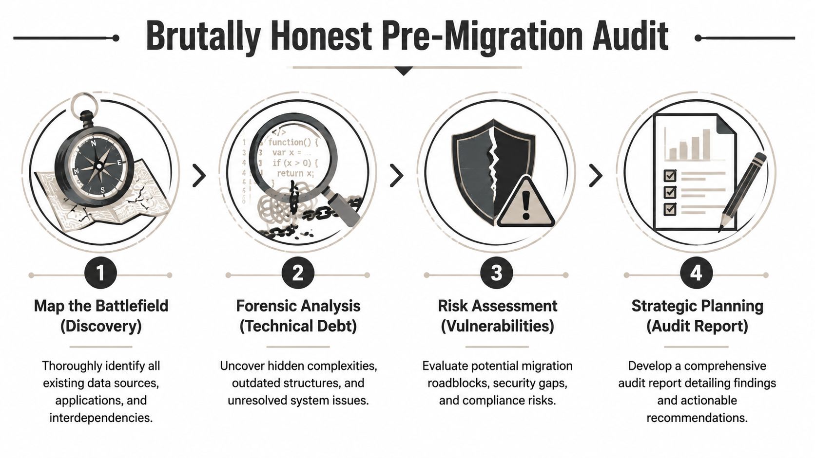 A four-step infographic illustrating a brutally honest pre-migration audit process for business IT systems and data.