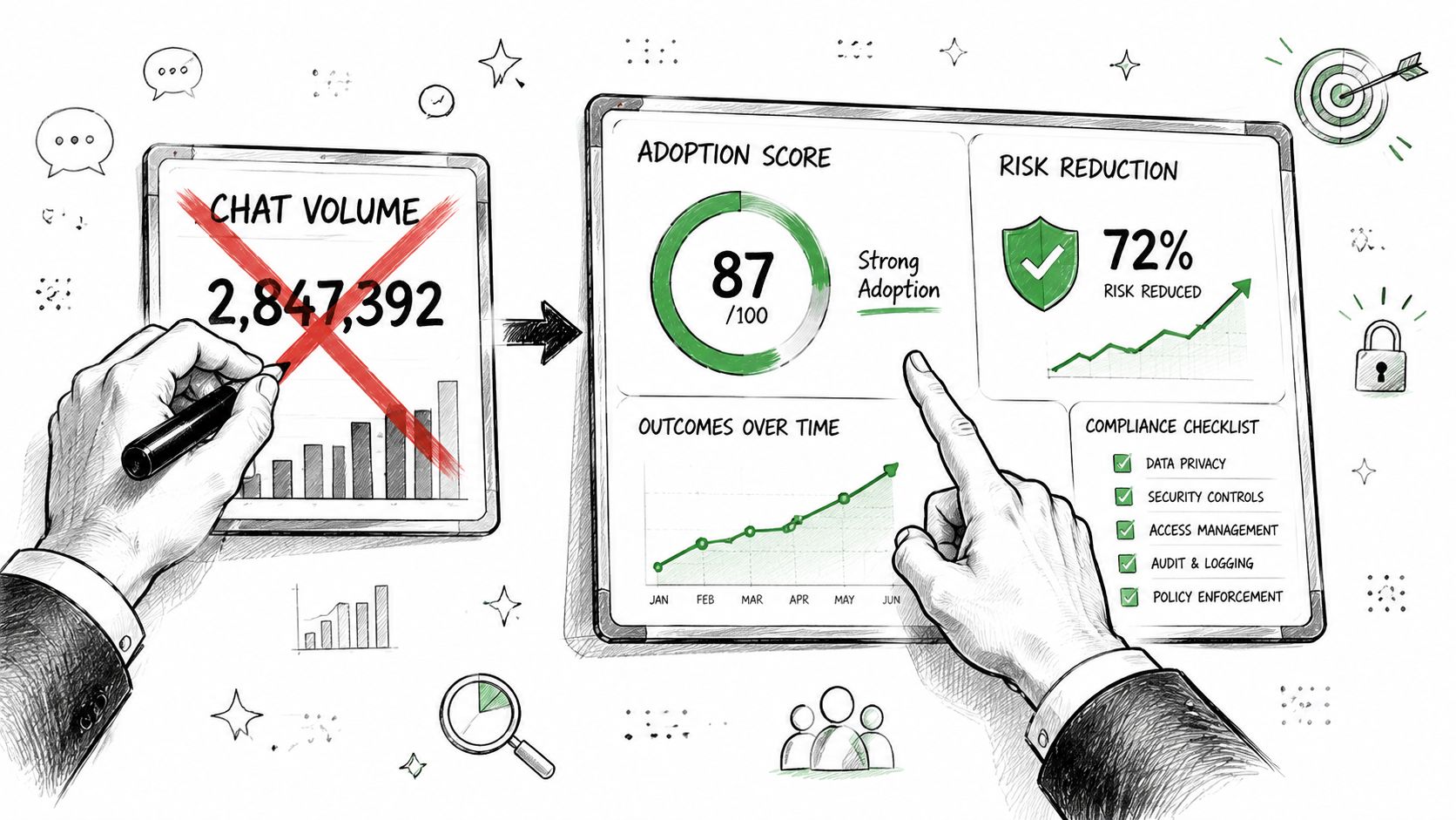 A hand crossing out chat volume metrics to focus on adoption score, risk reduction, and compliance metrics.