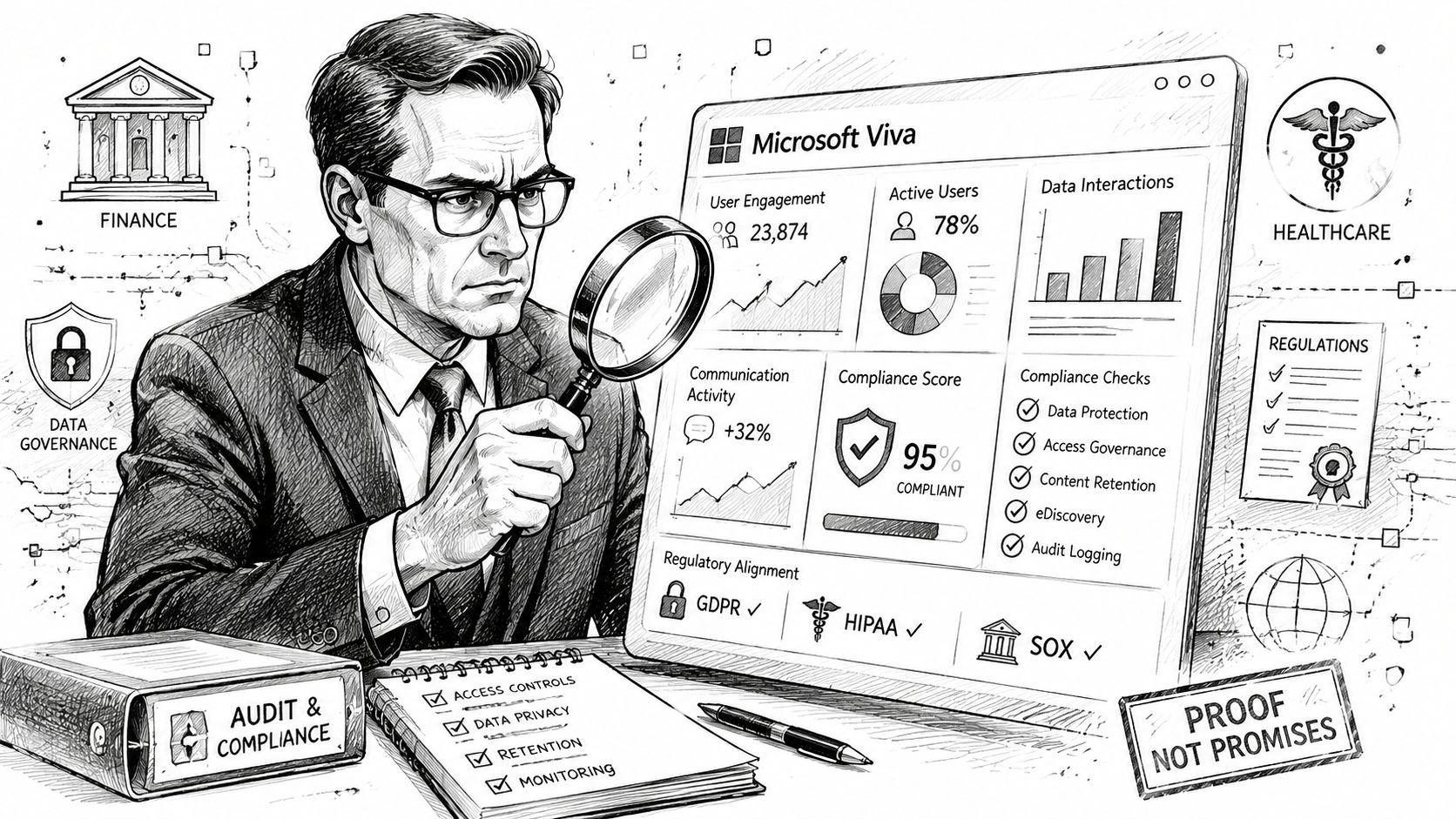 A professional auditor inspects a Microsoft Viva digital dashboard showing compliance metrics, data governance, and regulatory alignment.