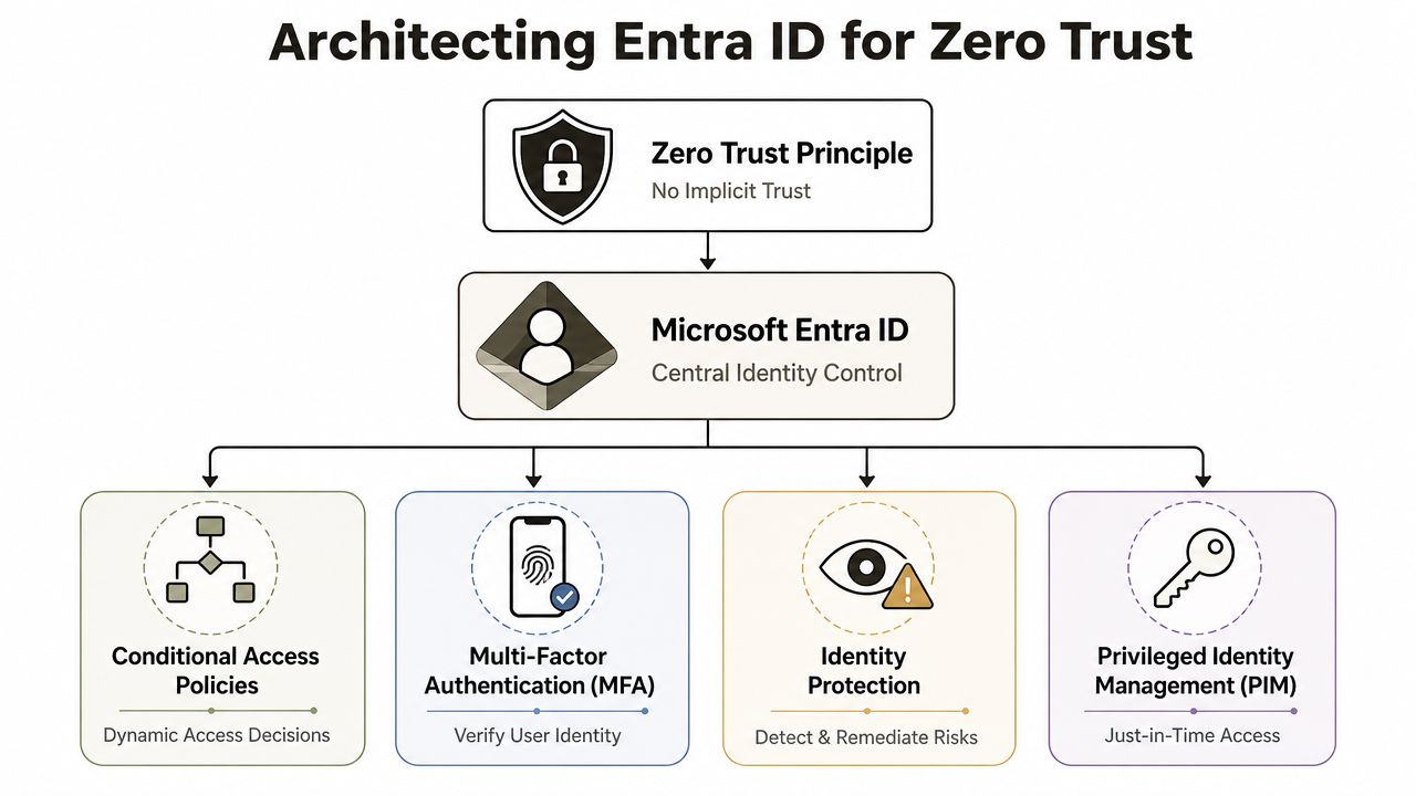 A diagram illustrating how Microsoft Entra ID implements Zero Trust principles for secure, central identity management.