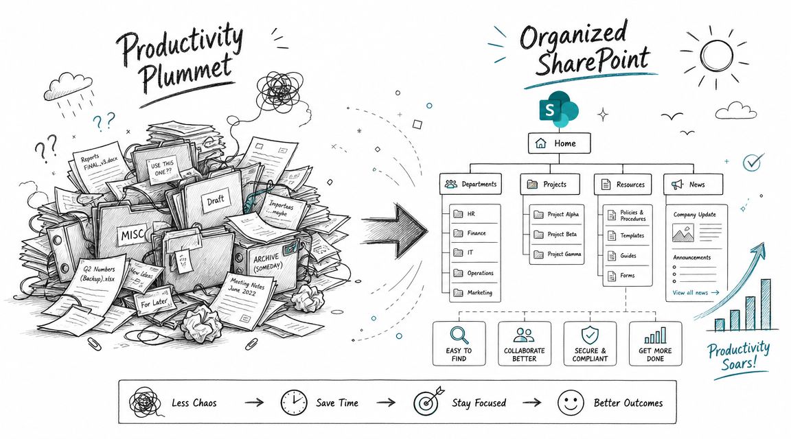 A diagram illustrating the transformation from chaotic document management to an organized, efficient SharePoint workflow system.