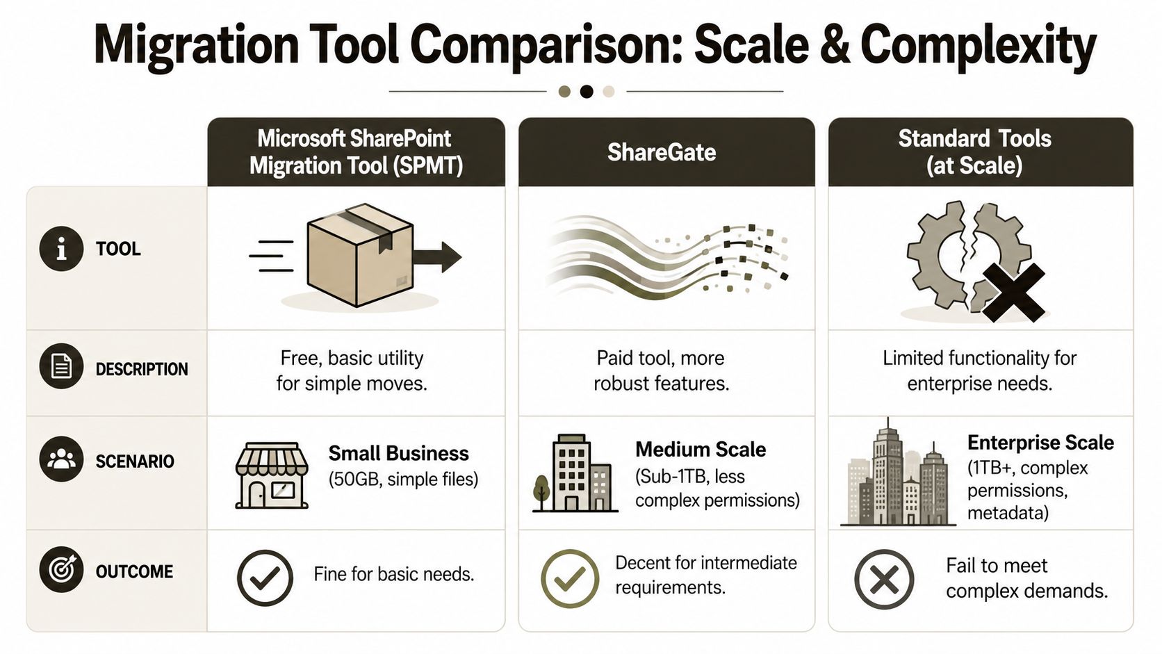 A comparison chart showing features and recommended migration tools for different scale business migration projects.