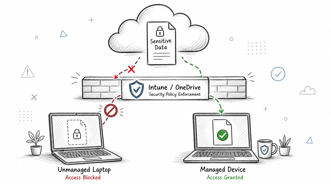A diagram showing security policy enforcement with Intune and OneDrive blocking unmanaged devices and permitting managed devices.