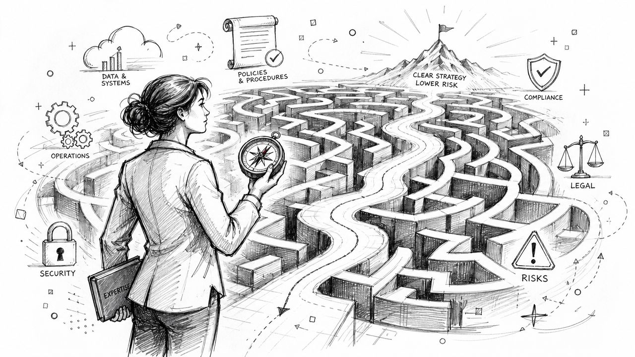 A professional woman uses a compass to navigate a complex maze towards a strategic business mountain peak.