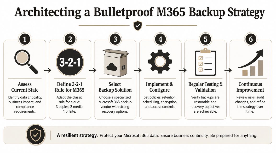 An infographic showing six steps for creating a secure and resilient Microsoft 365 data backup strategy.