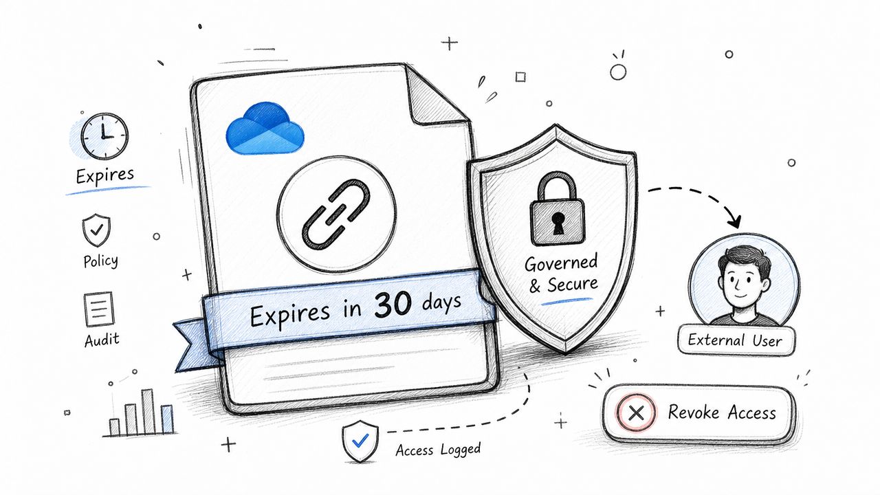 An illustration showing OneDrive file sharing security features like expiration, access logs, and user revocation for businesses.