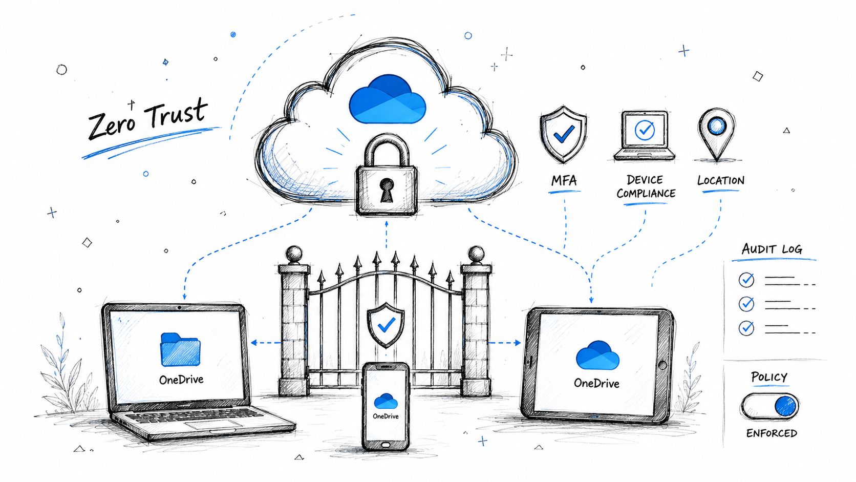 An illustration showing OneDrive cloud security concepts including zero trust, multi-factor authentication, device compliance, and location policies.