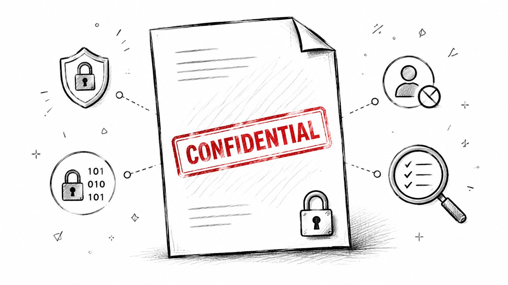 A conceptual illustration of a confidential document featuring security icons, a lock, and data protection imagery.