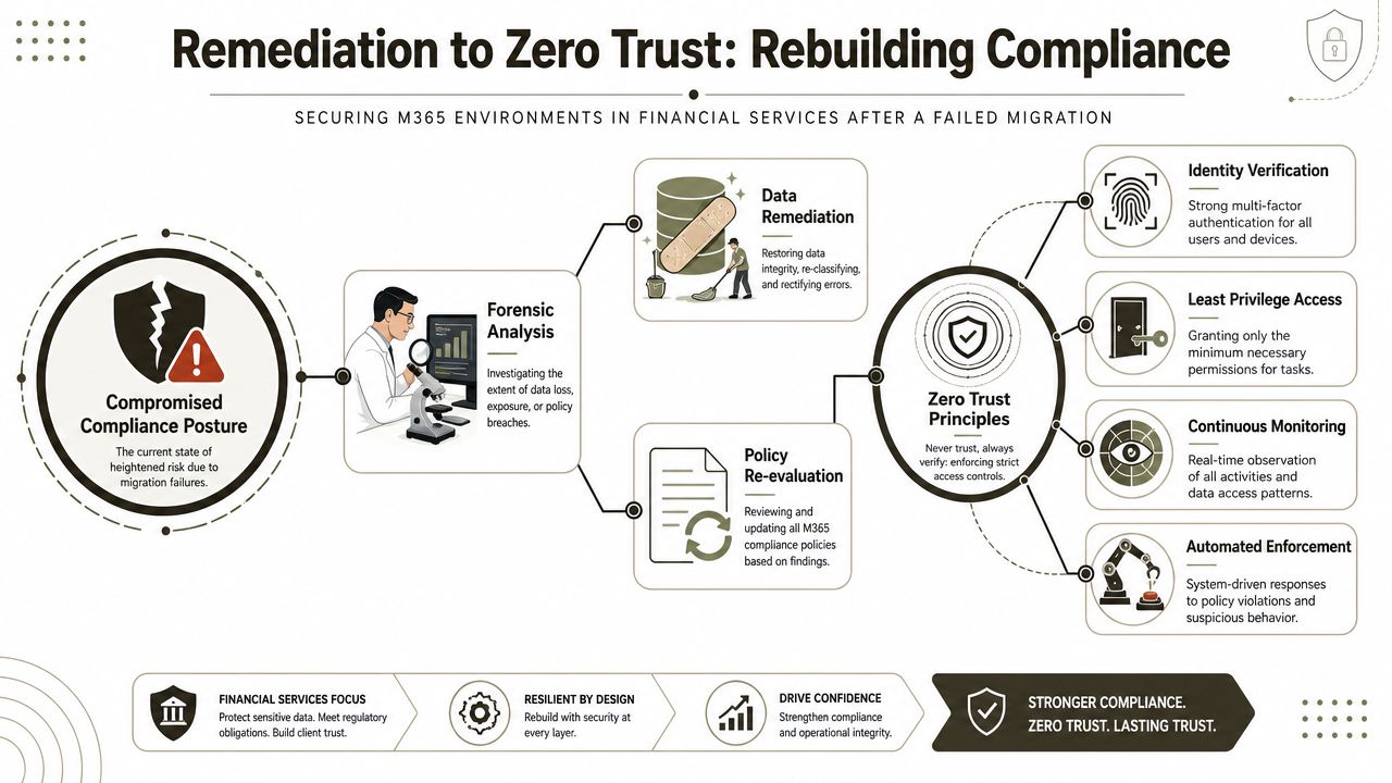 A diagram illustrating the step-by-step remediation process to achieve zero trust compliance in M365 financial services environments.