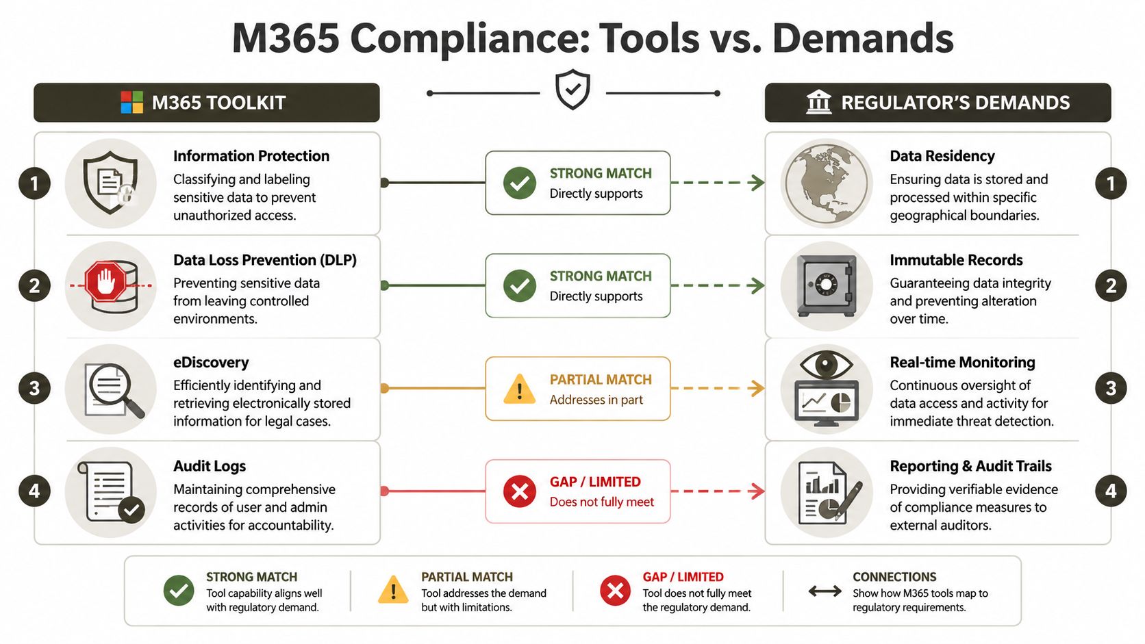 A diagram illustrating the alignment between Microsoft 365 compliance tools and various regulatory demands for businesses.