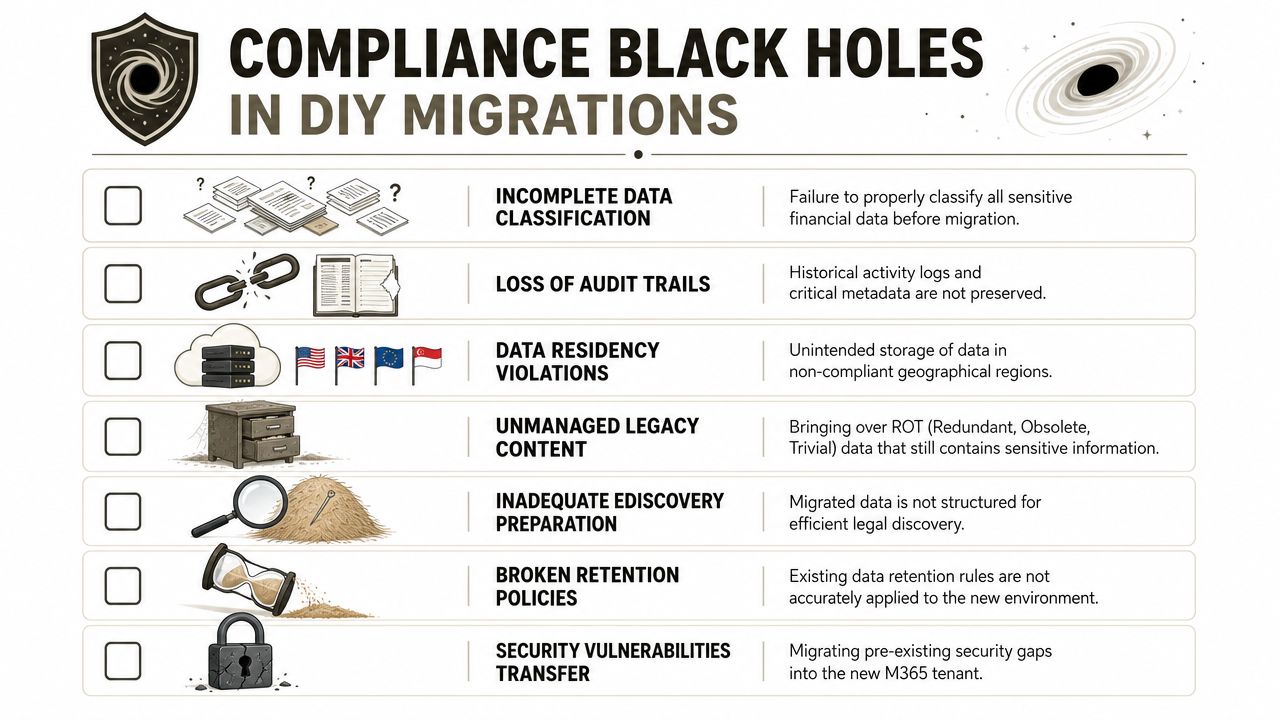A checklist infographic detailing common compliance risks and pitfalls associated with DIY data migrations for financial organizations.