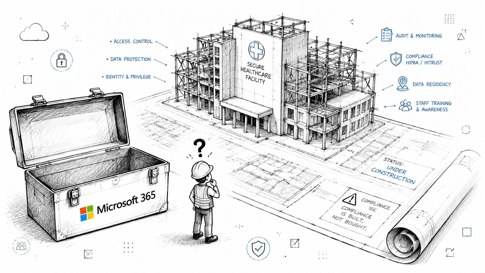 A digital illustration showing a construction worker examining blueprints for a secure healthcare facility using Microsoft 365 tools.