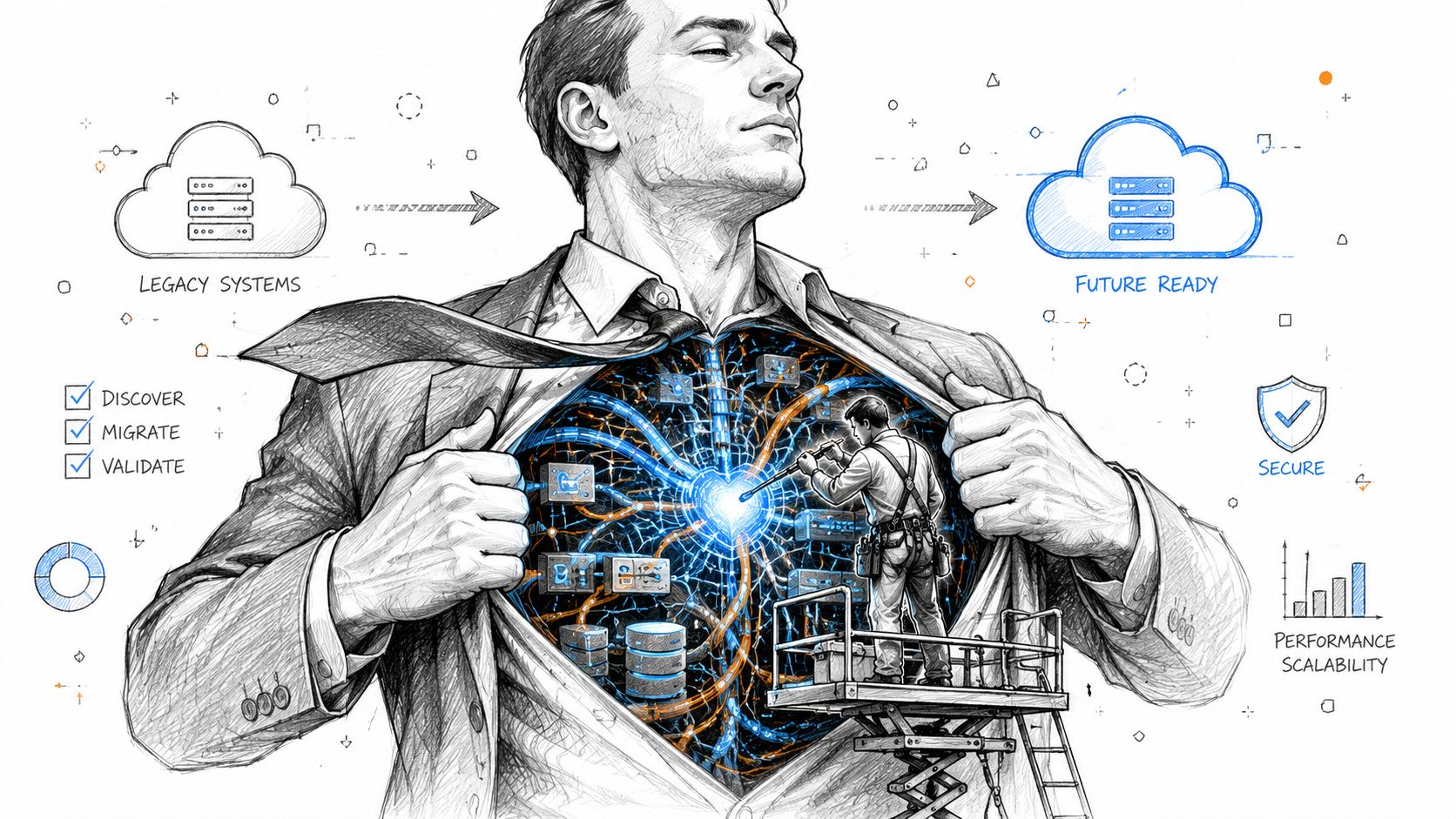 A professional man revealing a complex digital core with a technician maintaining cloud infrastructure systems.