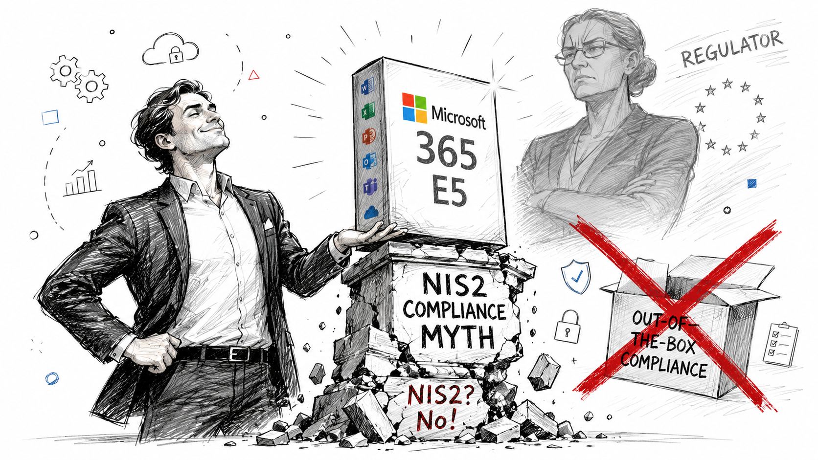 A conceptual illustration challenging the myth that Microsoft 365 E5 provides out-of-the-box NIS2 compliance for organizations.