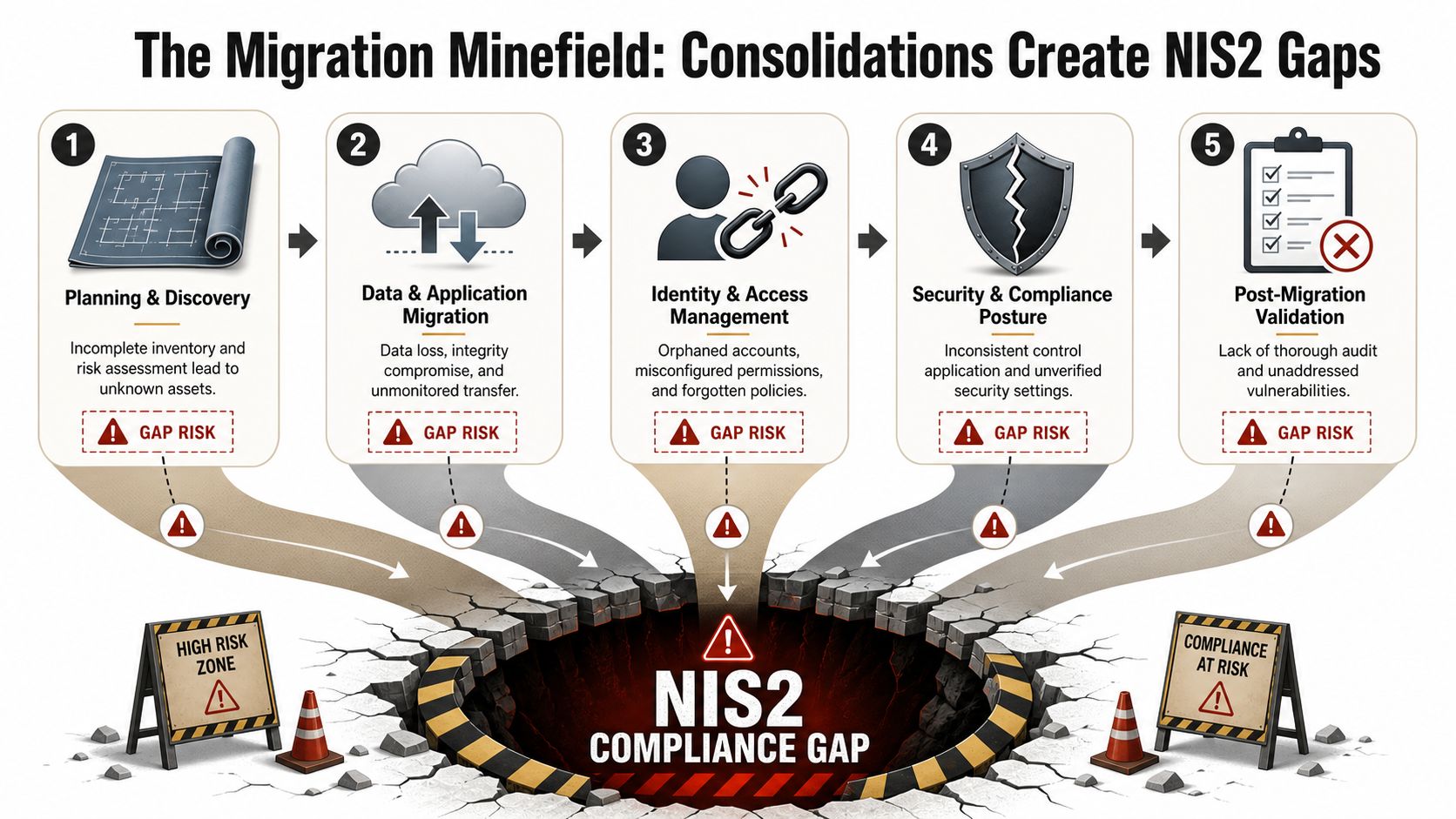 A diagram illustrating the five stages of migration risks that create gaps in NIS2 compliance.