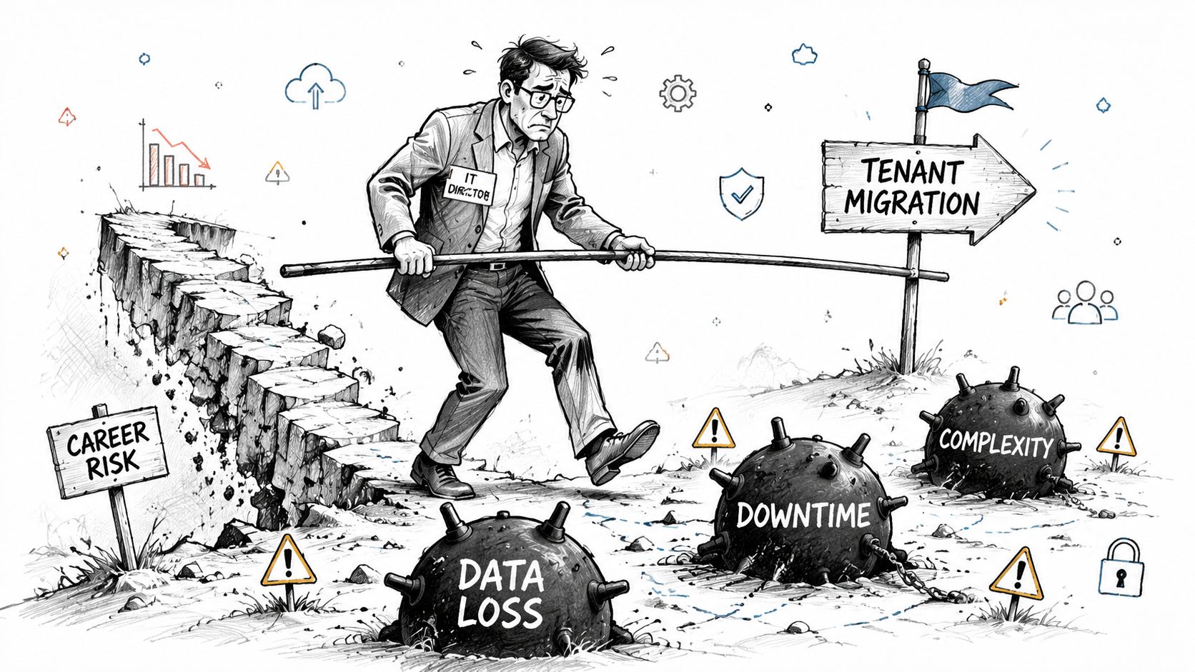 An IT Director walks a tightrope over obstacles representing data loss, downtime, and complexity during tenant migration.