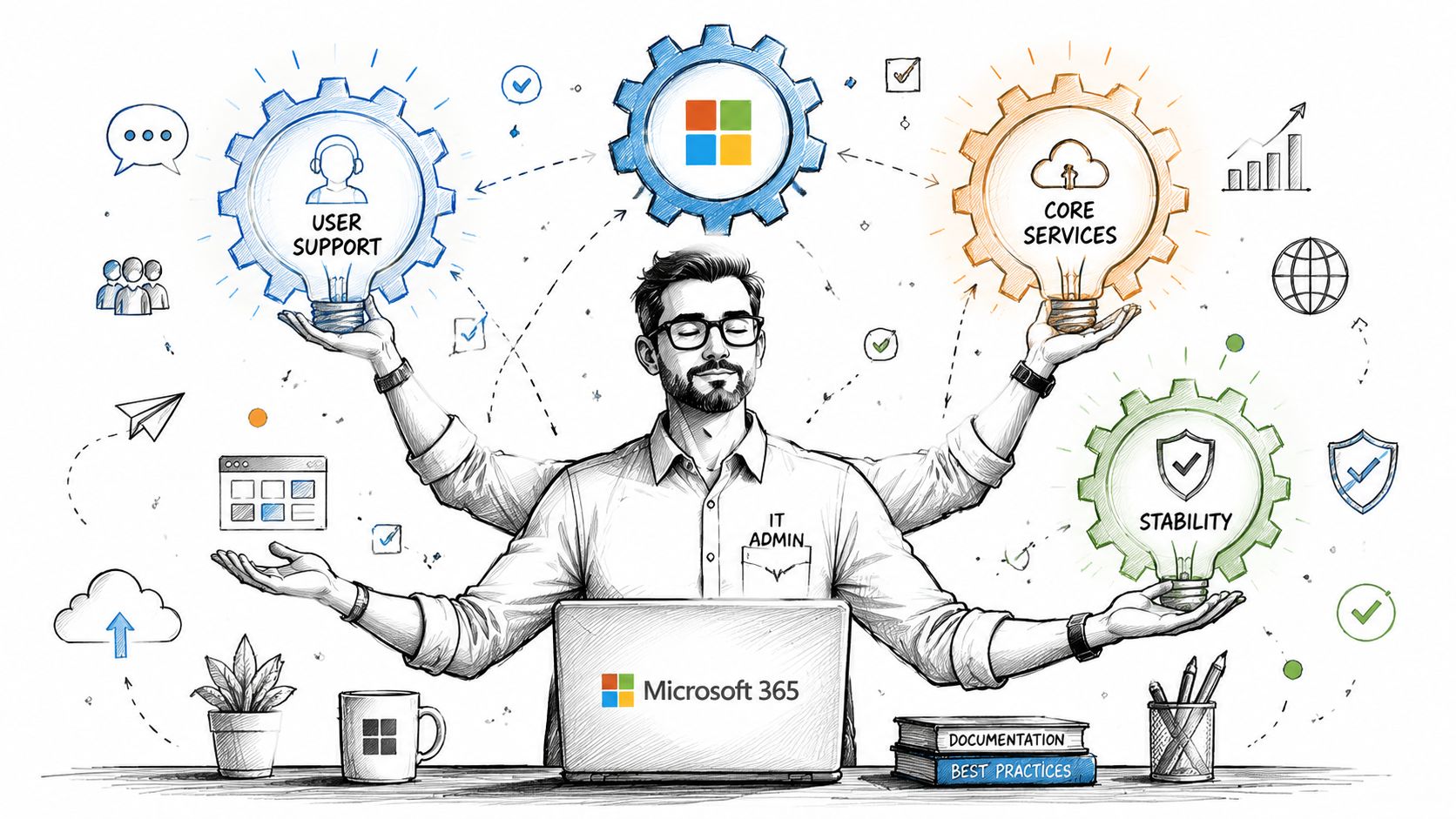 A professional IT administrator multitasking while managing Microsoft 365 core services, user support, and infrastructure stability.