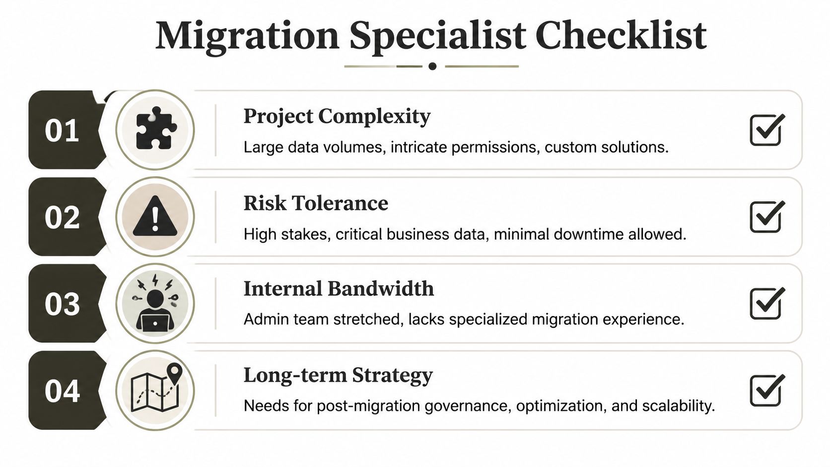 A checklist infographic titled Migration Specialist Checklist outlining four key factors for business migration projects.