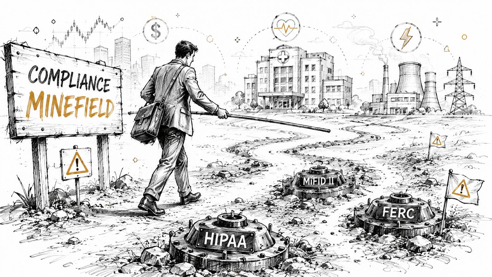 A businessman carefully navigating a minefield labeled with various corporate compliance regulations and industry standards.