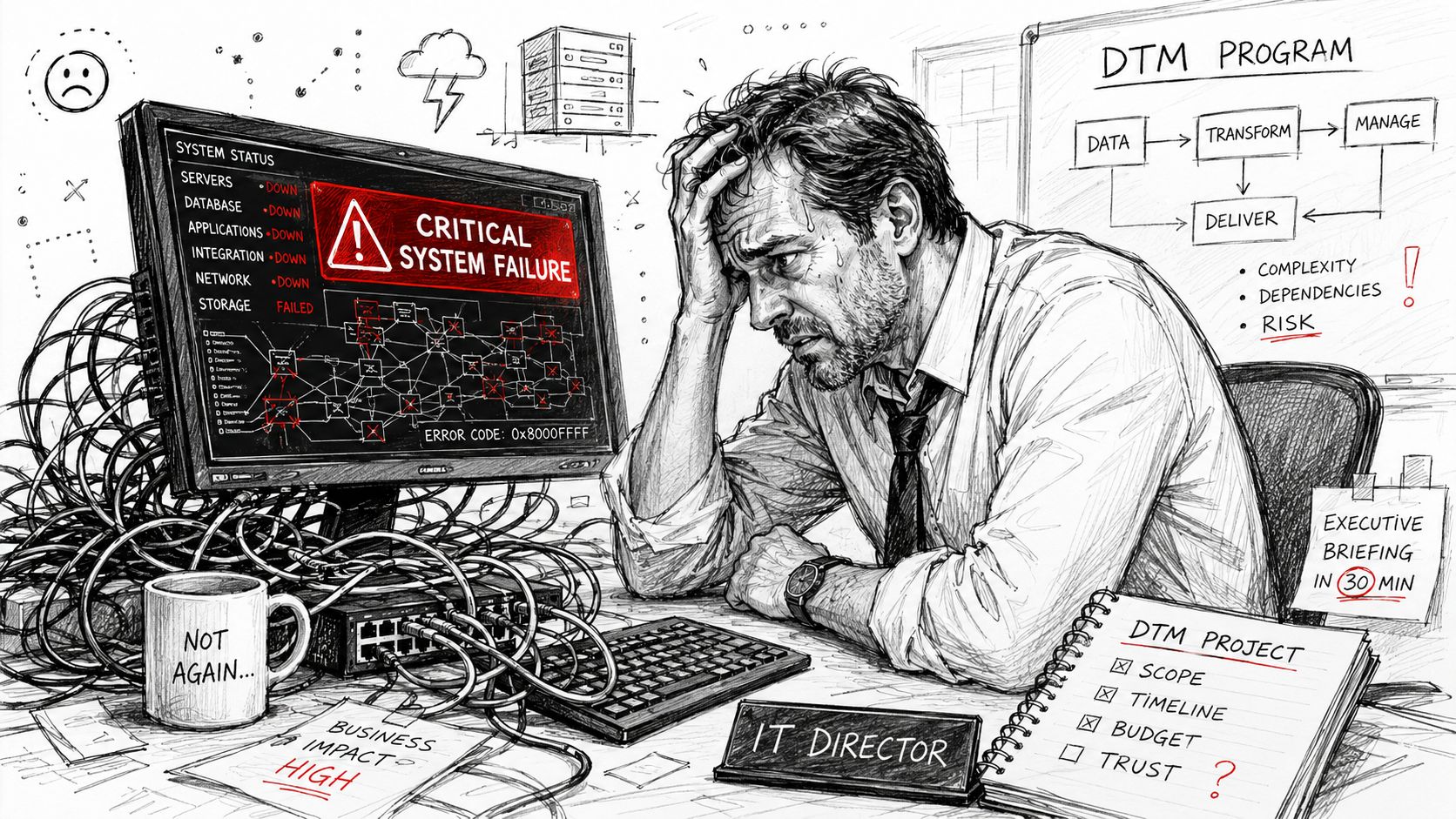 A stressed IT director sits at a cluttered desk facing a computer screen showing a critical system failure.