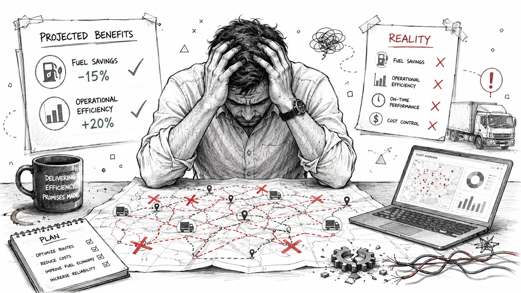 A frustrated fleet manager stressed over failed logistics projections and disorganized vehicle tracking and fleet management data.