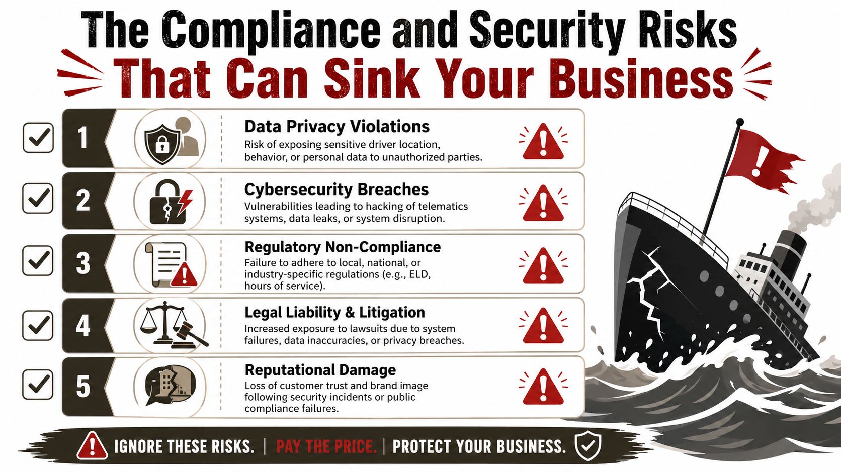 An infographic detailing five key compliance and security risks for business fleets shown with a sinking ship.