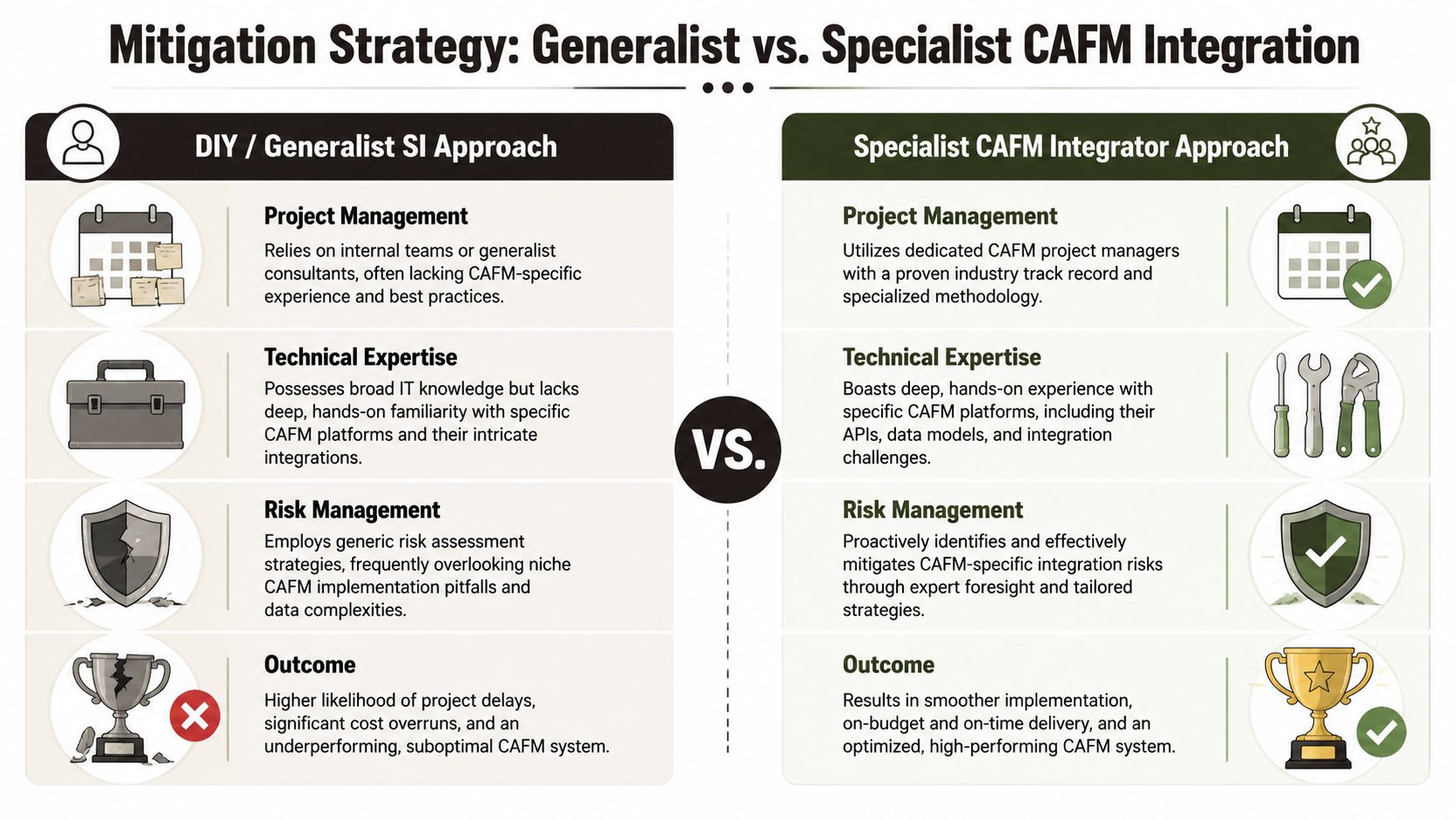 A comparison chart showing the differences between a DIY generalist approach and a specialist CAFM integration approach.