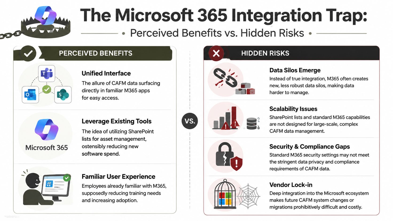 An infographic comparing the perceived benefits and hidden risks of integrating Microsoft 365 with CAFM systems.