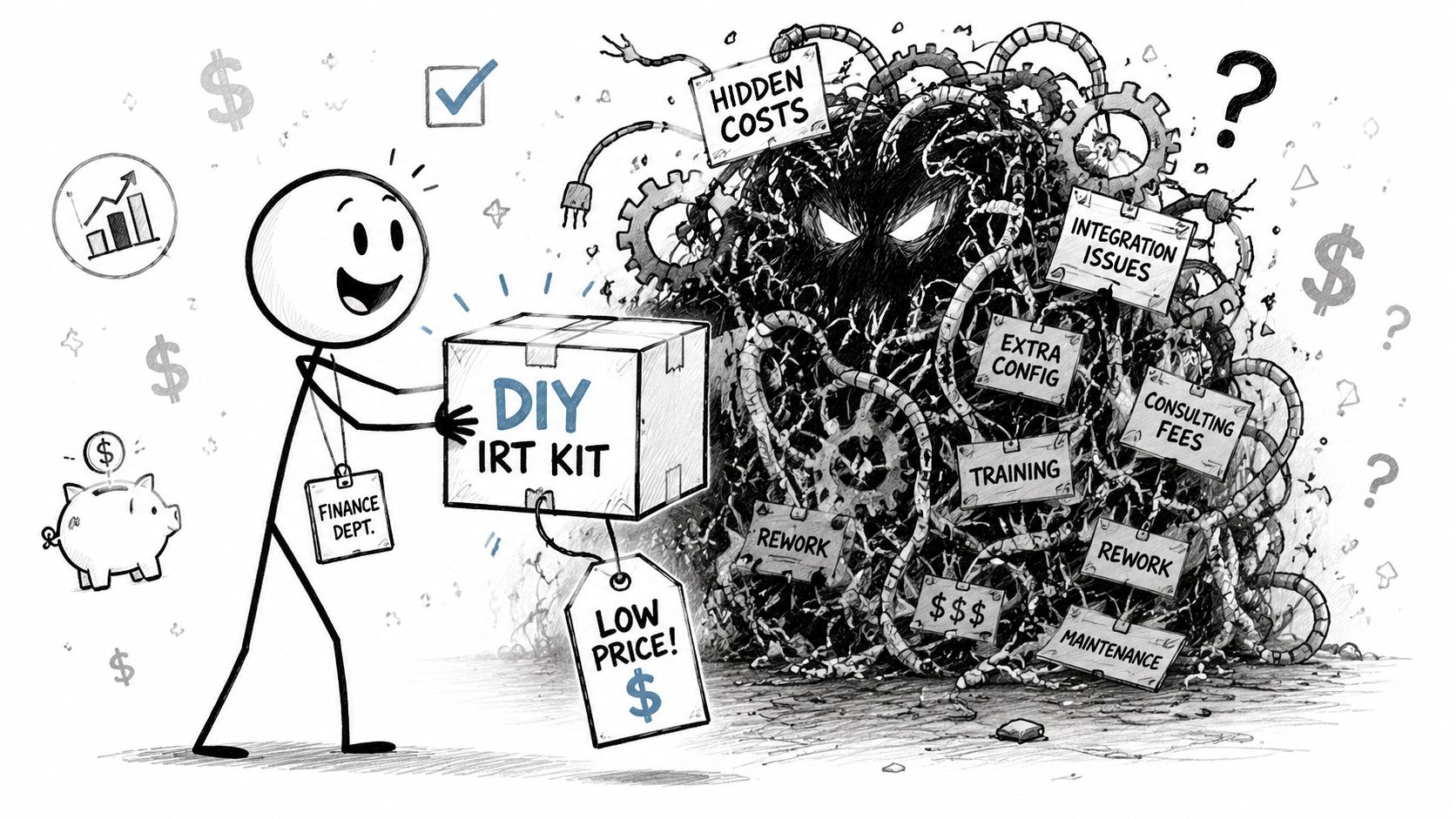 A stick figure holding a DIY IRT kit box representing hidden costs and complex challenges.